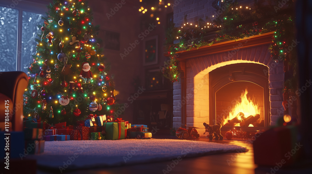Obraz premium Festive fireplace, Christmas tree glowing with vibrant lights, and toys beneath-4