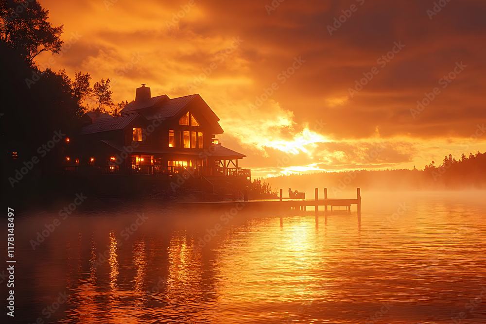 Fototapeta premium Lake House Sunrise: Golden Hour Landscape Photography