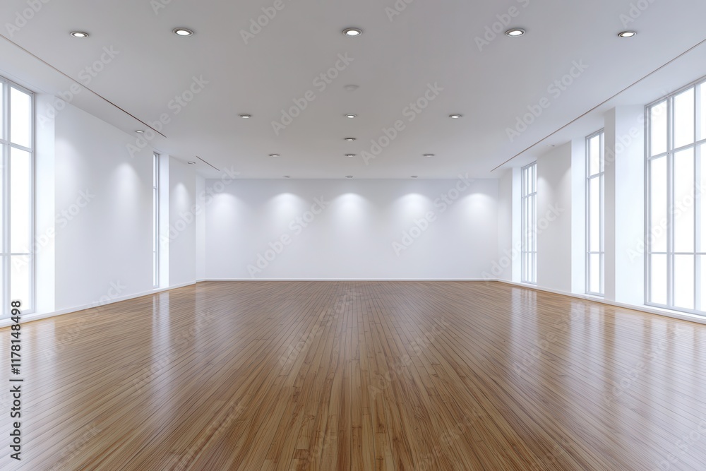 A vacant room with wooden floors and white walls is illuminated by recessed lighting A vacant room with wooden floors and white walls is illuminated by recessed lighting