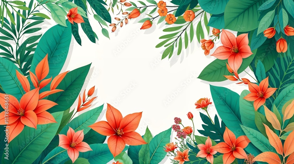 flat design illustration featuring a nature background with tropical green leaves, exotic plants, and flowers. Warm terracotta and cool teal colors create an earthy contrast. flat design illustration featuring a nature background with tropical green leaves, exotic plants, and flowers. Warm terracotta and cool teal colors create an earthy contrast.
