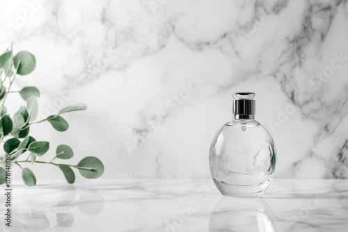 A white marble tabletop serves for product display or arrangement A blurred white backdro