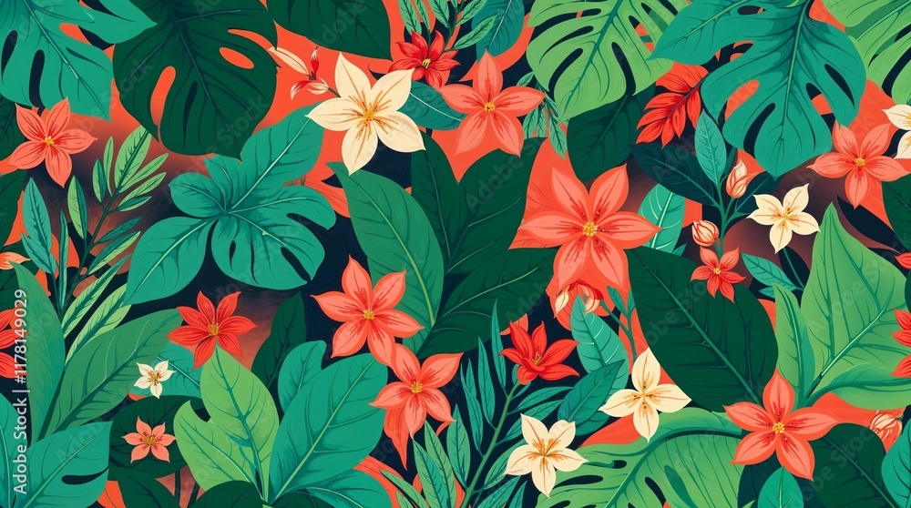 flat design illustration featuring a nature background with tropical green leaves, exotic plants, and flowers. Warm terracotta and cool teal colors create an earthy contrast. flat design illustration featuring a nature background with tropical green leaves, exotic plants, and flowers. Warm terracotta and cool teal colors create an earthy contrast.