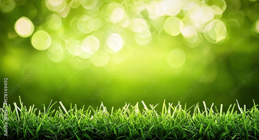 Obraz premium Lush green grass with bokeh background, ideal for nature or spring themes.