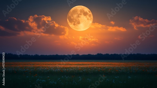 Orange Poppy Field Underneath A Large Sunset Moon