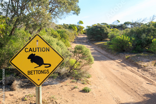 Warning sign to inform that bettongs are in the region. Australia.