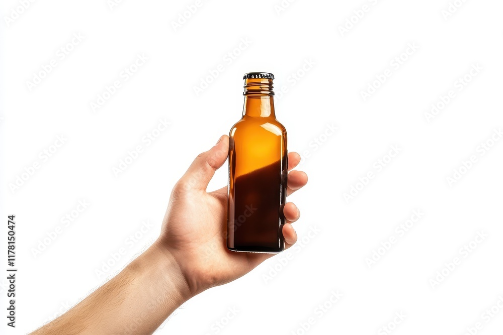 An isolated hand gripping an object such as a bottle or phone against a white backdrop