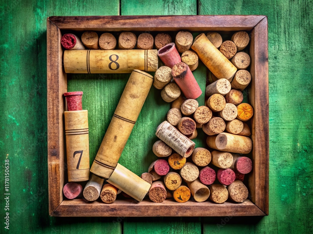 Surreal 78: Wine Cork Number in Wooden Box on Green Surreal 78: Wine Cork Number in Wooden Box on Green
