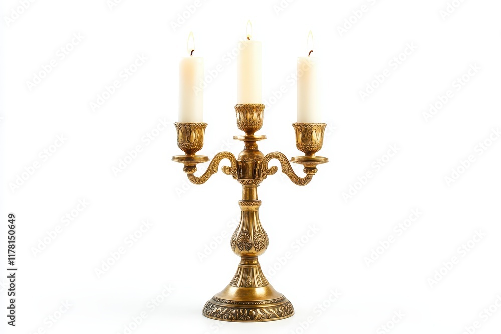 Antique brass candelabra with white pillar candle isolated on white Antique brass candelabra with white pillar candle isolated on white