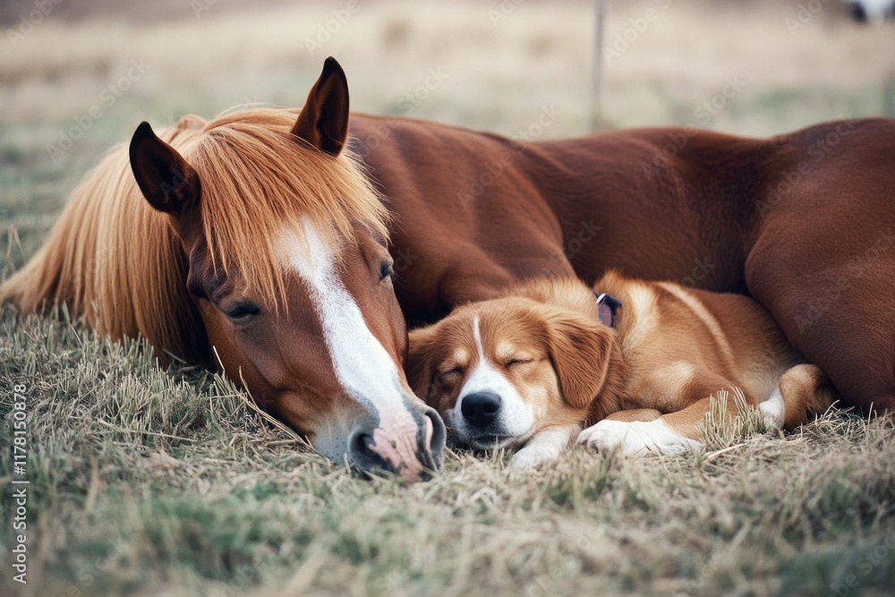 A dog is lying next to a horse in a natural setting A dog is lying next to a horse in a natural setting