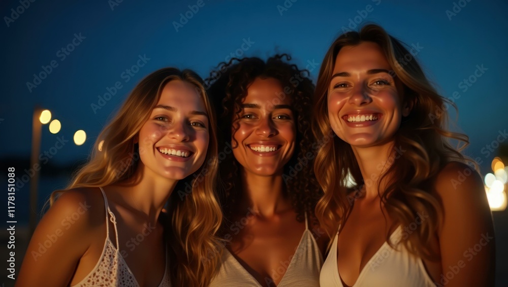 Friends with bright smiles creating unforgettable memories together under stars, Professional stock photo, AI generated photograph Friends with bright smiles creating unforgettable memories together under stars, Professional stock photo, AI generated photograph