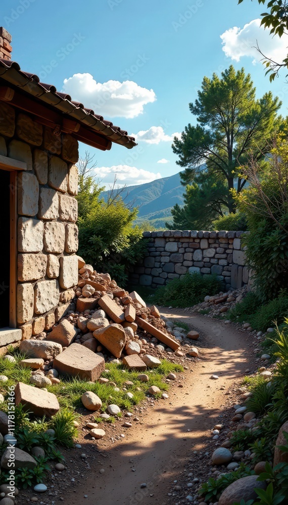 Debris strewn yard, splintered wood, collapsed stone wall, roof missing, destruction aftermath, environmental disaster Debris strewn yard, splintered wood, collapsed stone wall, roof missing, destruction aftermath, environmental disaster