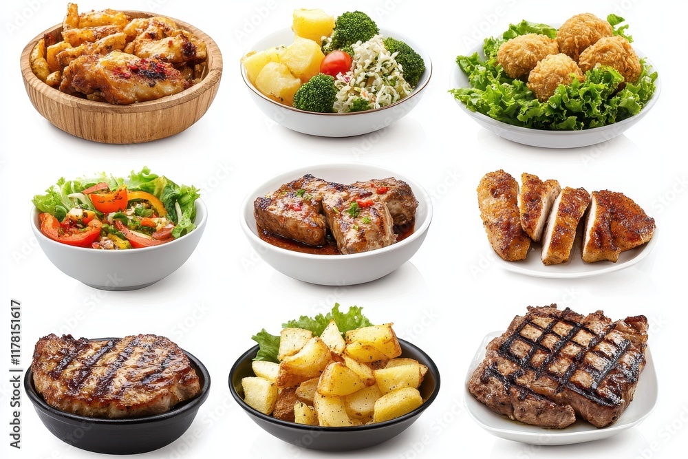 Assortment of English meals grilled chicken with veggies beef steak and potatoes fried Assortment of English meals grilled chicken with veggies beef steak and potatoes fried