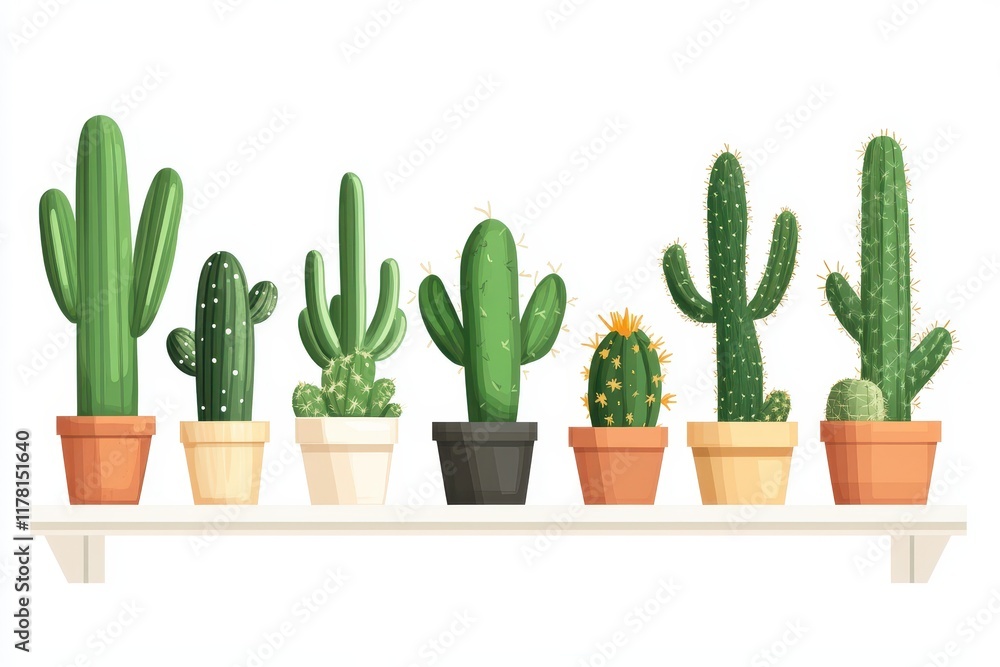 Assortment of potted cacti and succulents displayed on a white shelf Assortment of potted cacti and succulents displayed on a white shelf
