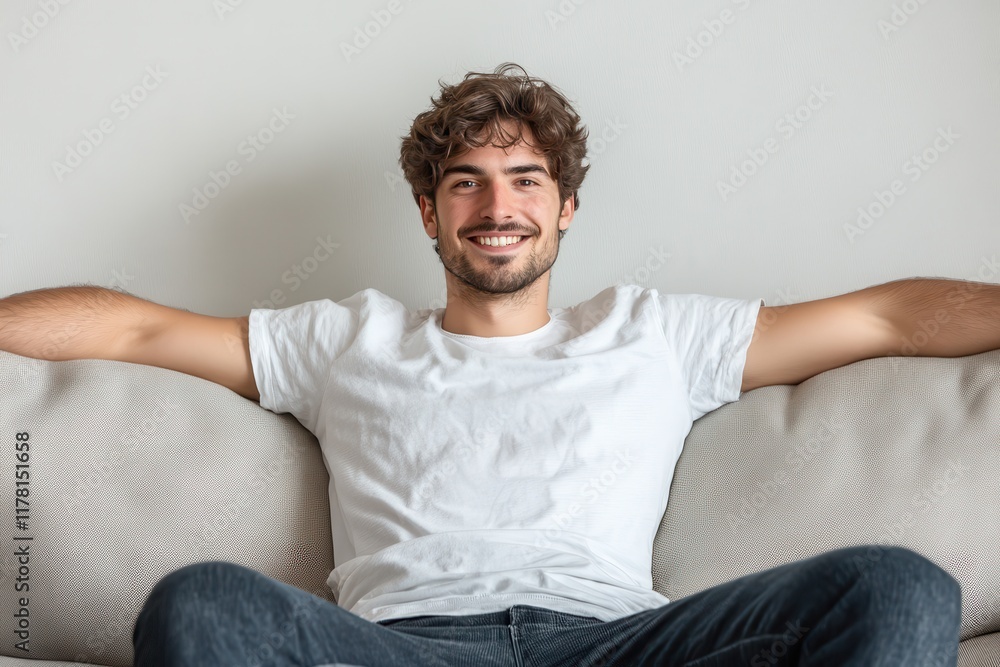 Obraz premium At home a smiling young man lounges on a comfy sofa in a bright cozy living room embrac