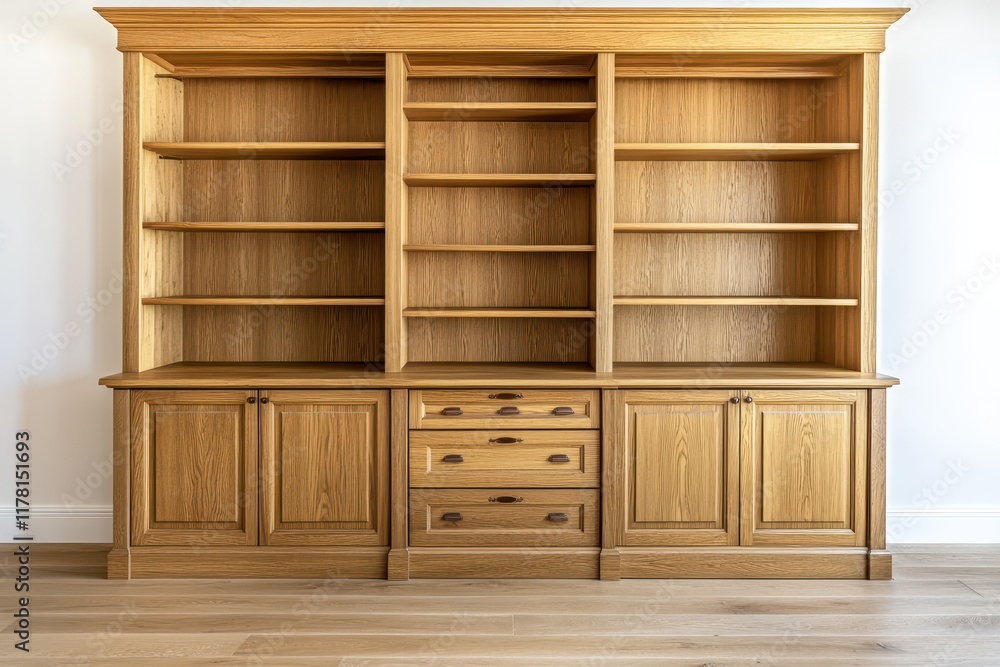 Attractive custom oak bookcase with cabinet drawers and shelves in an apartment with woo Attractive custom oak bookcase with cabinet drawers and shelves in an apartment with woo