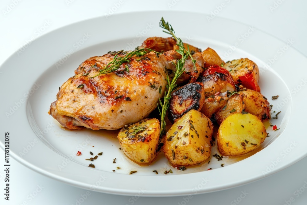 baked chicken and potatoes on a white dish baked chicken and potatoes on a white dish
