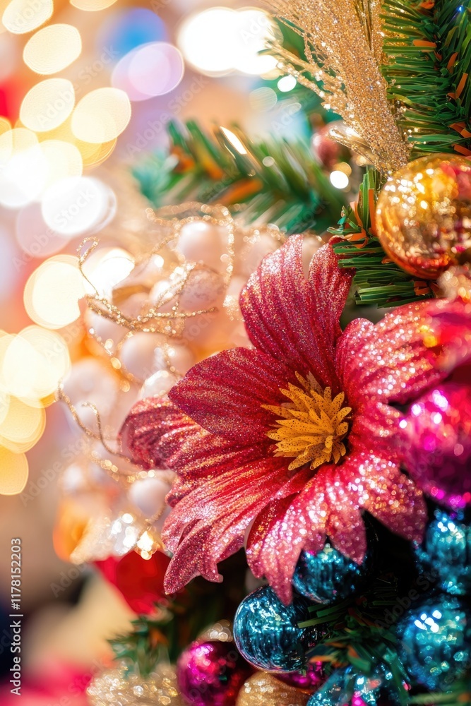 Naklejka premium A close-up shot of a beautifully decorated Christmas tree with colorful ornaments