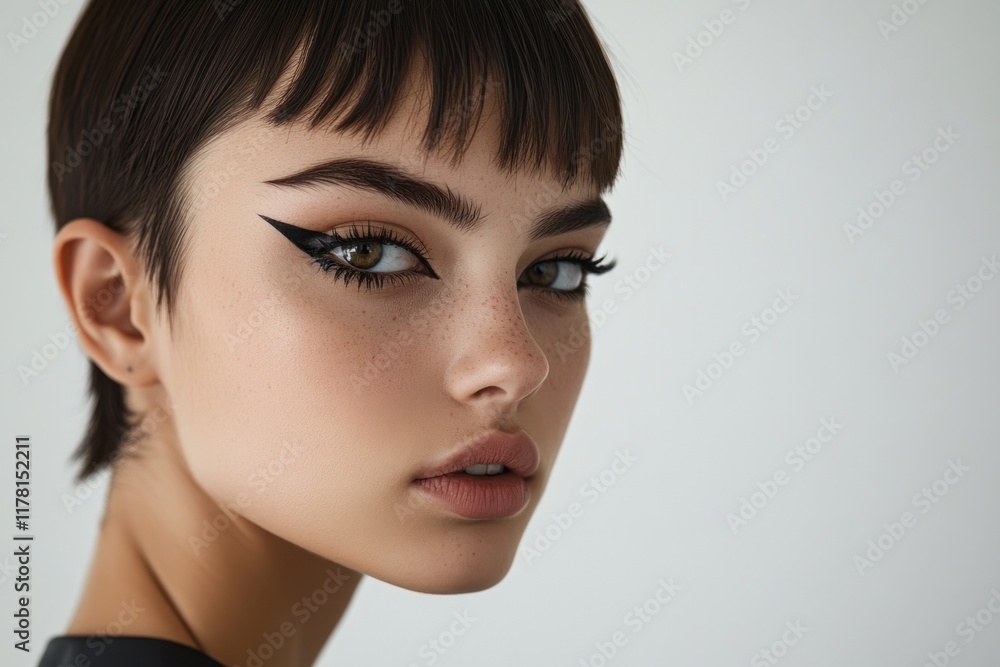 Naklejka premium Stylish close-up of a model showcasing bold eyeliner and sleek hairstyle in a minimalist setting. Generative AI