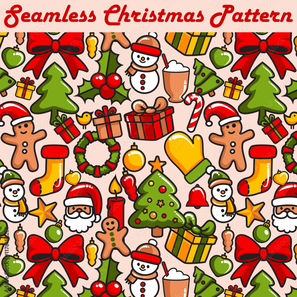 Seamless Christmas Pattern with Festive Icons Seamless Christmas Pattern with Festive Icons