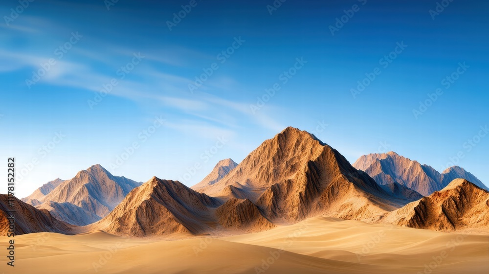 A dramatic desert mountain range with rugged peaks, sandy terrain, and warm golden hues under a cloudless sky. A dramatic desert mountain range with rugged peaks, sandy terrain, and warm golden hues under a cloudless sky.