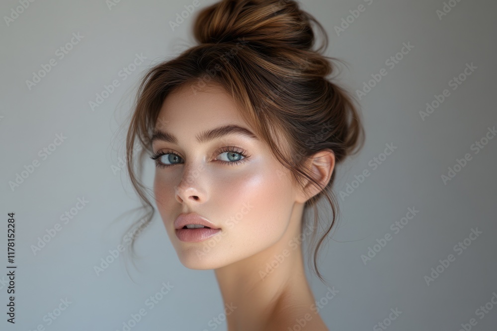 Beautiful model with natural makeup and elegant hairstyle poses against a neutral background. Generative AI Beautiful model with natural makeup and elegant hairstyle poses against a neutral background. Generative AI
