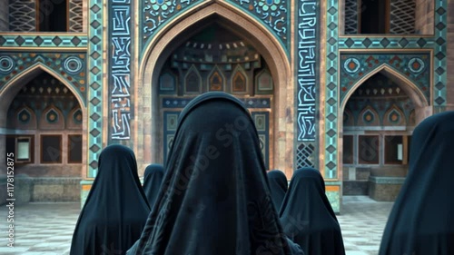 Elegant procession of women in traditional burqa in front of ornate Islamic architecture, slow motion effect