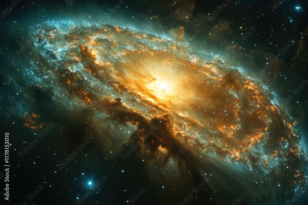Fototapeta premium A vibrant orange star shines brightly at the center of this stunning galaxy, surrounded by swirling clouds of gas and dust