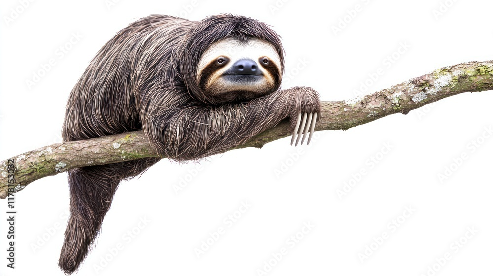 Fototapeta premium A sloth resting on a branch, showcasing its relaxed demeanor.