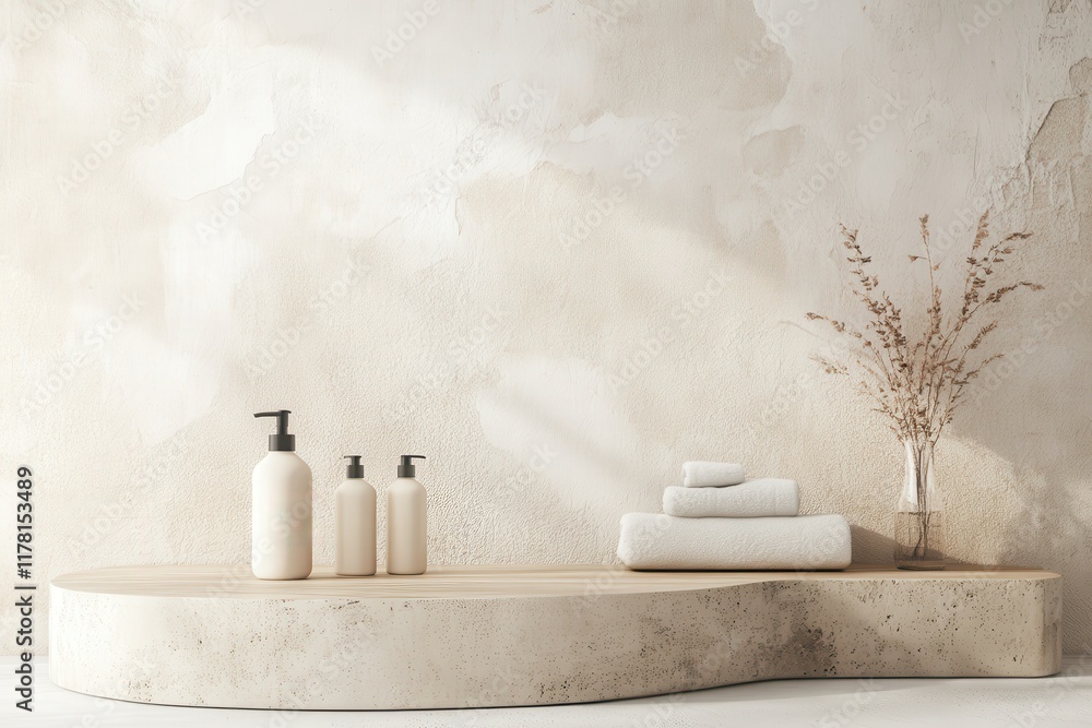 Beige stone podium with spa items on a wooden table in front of an abstract plaster wall Beige stone podium with spa items on a wooden table in front of an abstract plaster wall