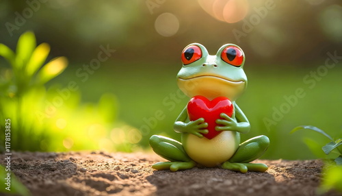 Cute green frog sitting under sunlight on ground and holding a red heart outdoors in the natural environment with defocused lush green background, symbolizing love and affection.