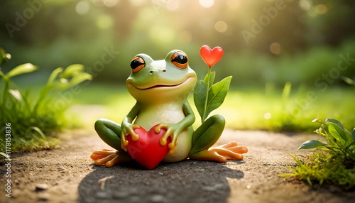 Cute green frog sitting under sunlight on ground and holding a red heart outdoors in the natural environment with defocused lush green background, symbolizing love and affection.