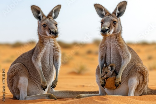 A pair of kangaroos sitting on a sandy field, looking around photo