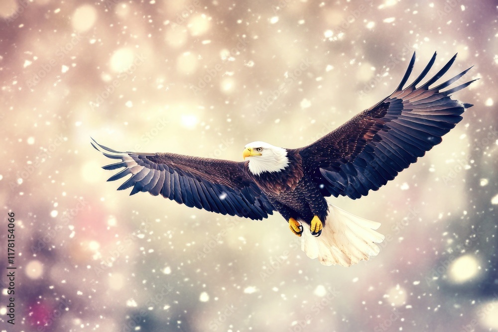 Fototapeta premium A bald eagle soaring through the sky with snow-covered mountains and trees below