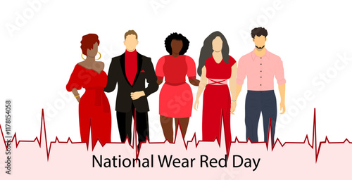 National Wear Red Day on February. A group of young people wearing red clothes. Awareness day of heart disease prevention. Vector illustration. Not AI generated