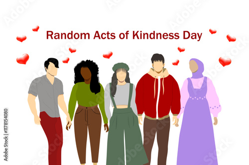  Random Acts of Kindness Day. Group of young, modern people with red hearts encourage acts of kindness. World altruistic holiday event banner. Vector illustration. Not AI generated