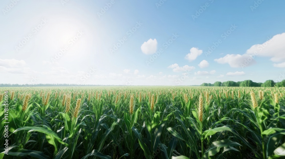 Obraz premium Expansive cornfield under a bright sky with fluffy clouds.