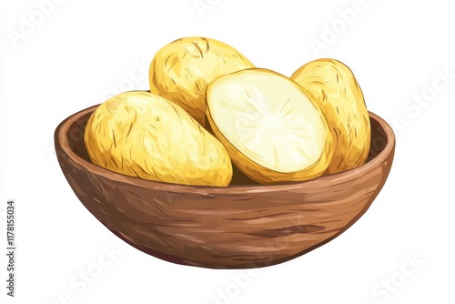 Bowl of straw potatoes on wooden surface Overhead shot