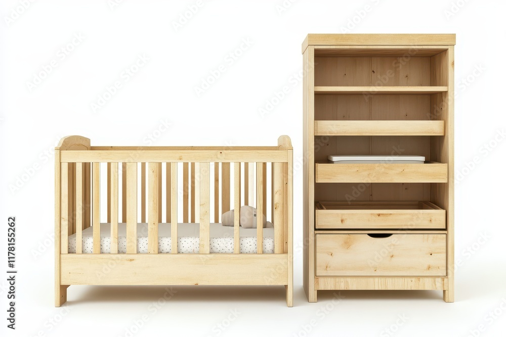 Bright bedroom featuring a crib changing table and shelves Bright bedroom featuring a crib changing table and shelves