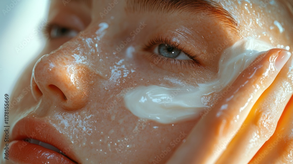 Woman applying face mask in skincare routine during bright daylight indoors. Generative AI Woman applying face mask in skincare routine during bright daylight indoors. Generative AI