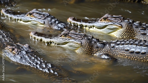 Group of alligators swimming together in a body of water