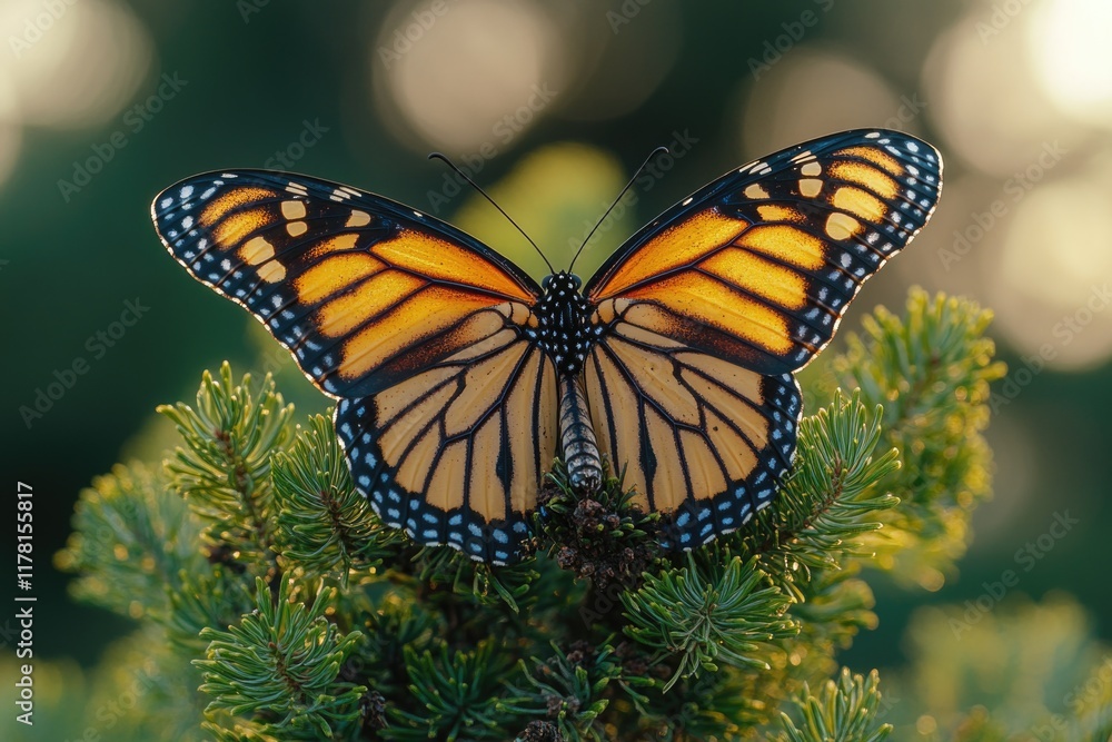 Obraz premium A butterfly perched on top of a pine tree, natural scene