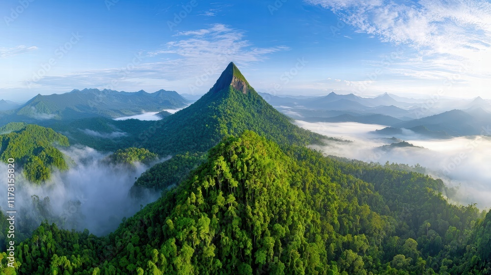 A panoramic shot of a dramatic mountain peak surrounded by misty valleys and dense evergreen forests.