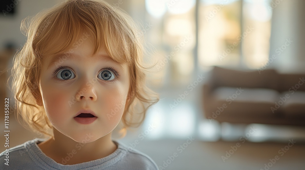 Child with curious expression indoors in a bright living room during the daytime. Generative AI