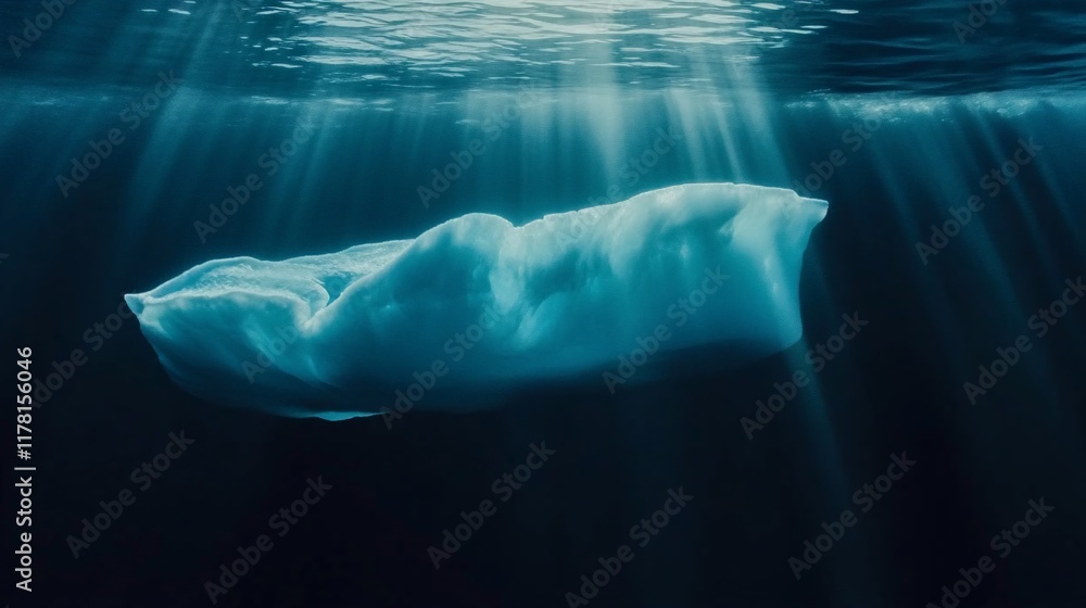 Fototapeta premium Underwater view of a large iceberg illuminated by sunbeams.