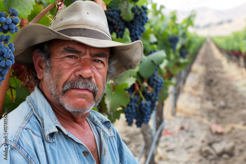 A passionate winemaker selects grapes with care amidst a lush vineyard of ripe berries photo