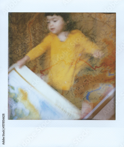 Instant photo of a child playing with a paper map photo