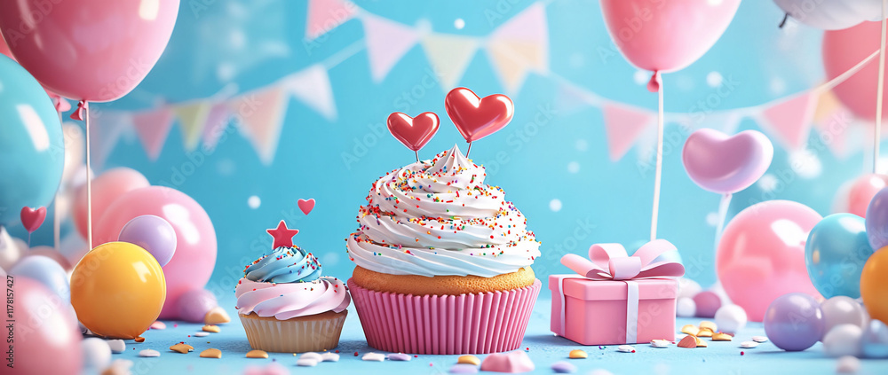 Festive cupcakes with balloons and gift. Festive cupcakes with balloons and gift.