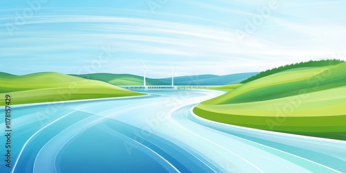 Hydroelectric dam harnessing clean energy amidst a flowing river and lush green landscape, landscape with river, backgroynd photo