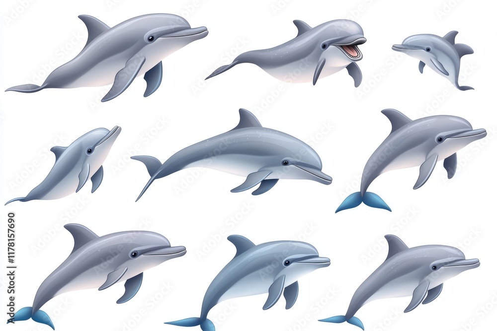 A group of dolphins swimming and standing in the water, great for ocean or aquatic-themed projects A group of dolphins swimming and standing in the water, great for ocean or aquatic-themed projects