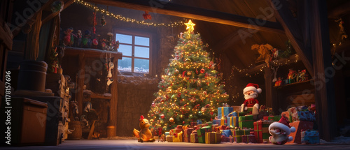Firelight and a beautifully decorated Christmas tree with toys gathered below-1